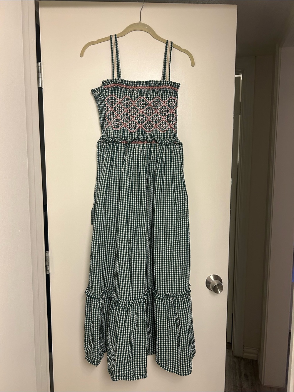 HUNTER BELL Green Gingham Smocked Maxi Dress with Pink Embroidery